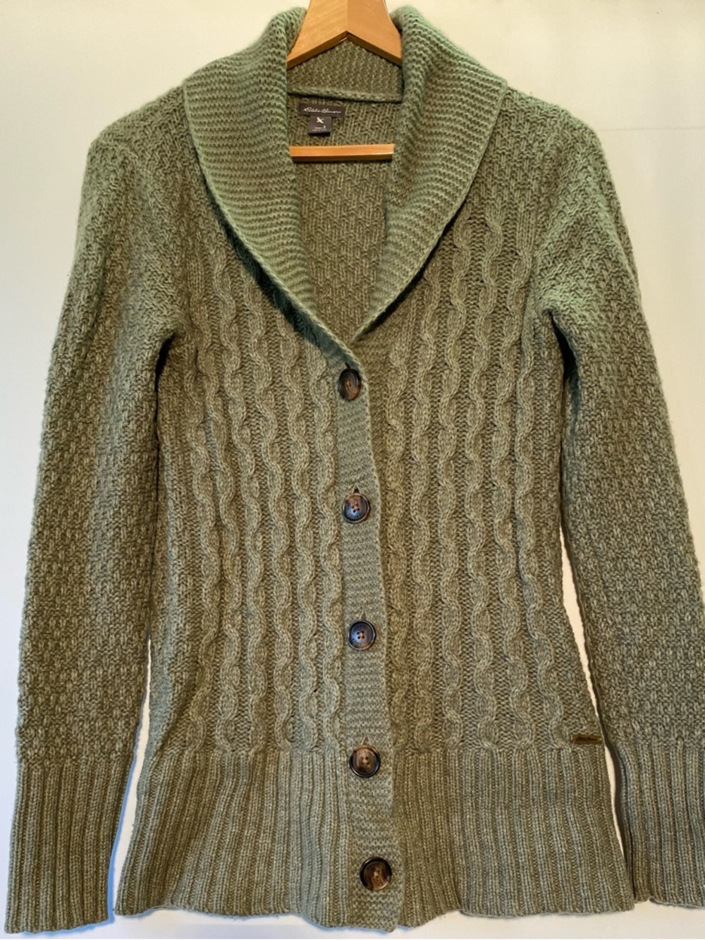 Eddie Bauer Olive Green Cable-Knit Shawl Collar Cardigan